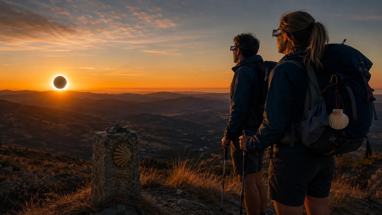 Ilustración editorial de dos peregrinos observando con protección un eclipse total al atardecer en el Camino de Santiago