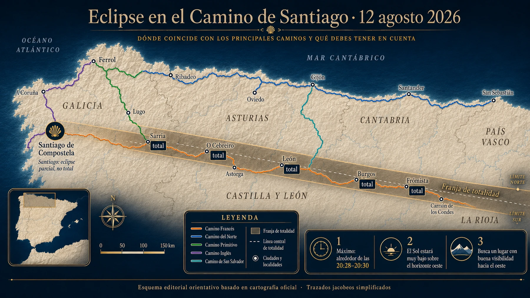 Eclipse Camino de Santiago 2026: mapa de la franja de totalidad y principales Caminos
