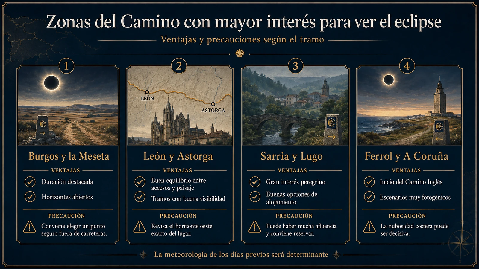 Mejores lugares eclipse Camino de Santiago 2026 para peregrinos